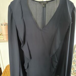 Banana Republic Navy Blue V-Neck Blouse with Ruffles